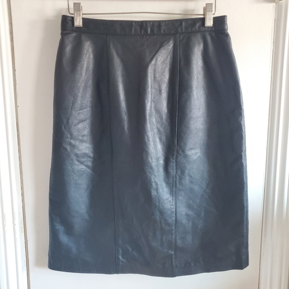 VTG 90s Dana Brooke Black 100% genuine Leather Pencil Skirt size 12P Grunge Edgy